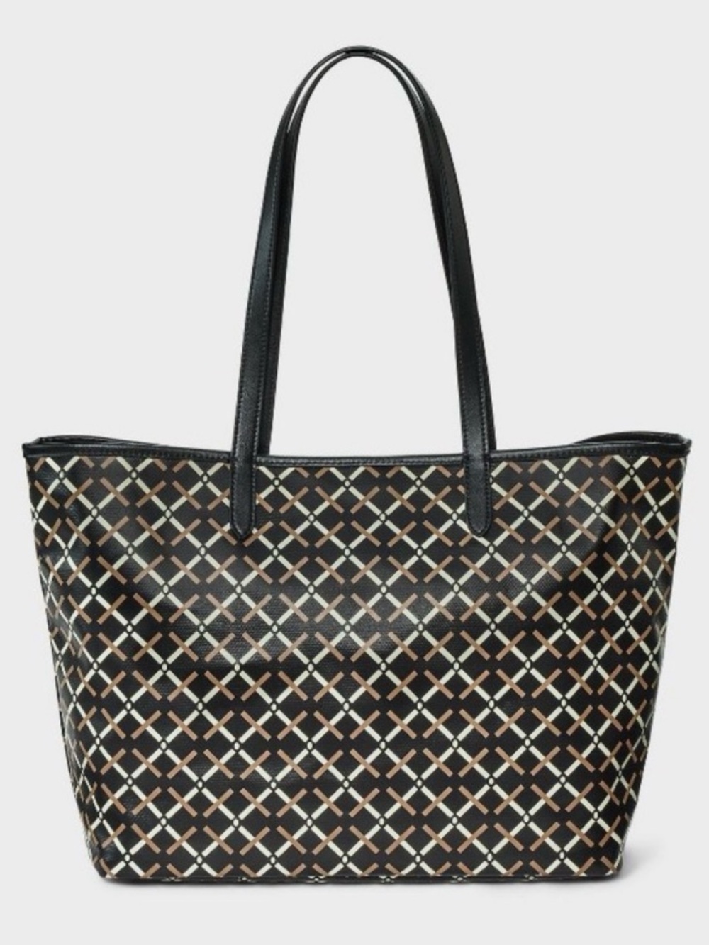 a new day Coated Canvas Black Patterned Tote Bag with Crosshatch Design NWT